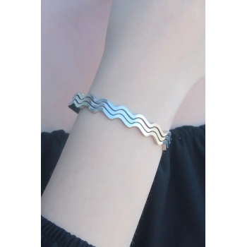 316L Kararmaz Çelik Gümüş Renk Dalga Model Kelepçe Kadın Bileklik - TJ-BB4636