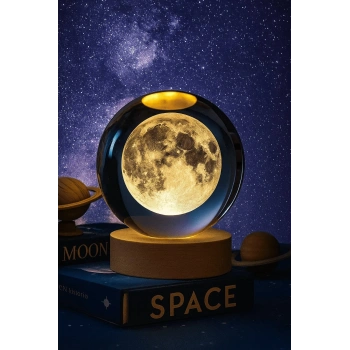 3D Ay Küre Kristal Gün Işığı Led Gece Lambası – USBli Ahşap Standlı LED Masa Lambası & Gece Lambası