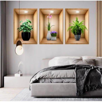 3D Çiçek Vazo Duvar Sticker 3 lü Set Kahverengi Fon (4887)