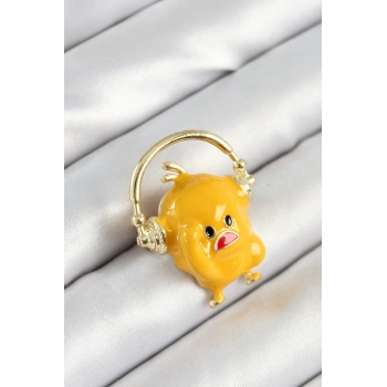 3D Kulaklıklı Sarı Civciv Figürlü Gold Renk Kadın Broş - TJ-BR446