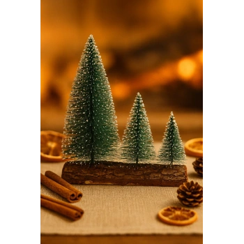 3’lü Mini Kar Efektli Yılbaşı Noel Ağaç Seti – Ahşap Kütük Üzeri Dekoratif Mini Çam Ağaçları