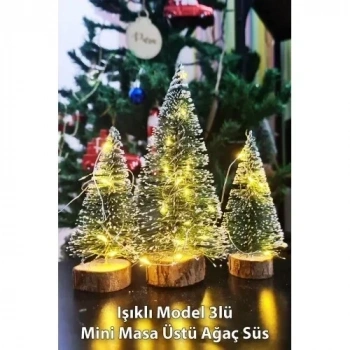 3’lü Mini Masa Üstü Yılbaşı Ağacı Seti (15 cm – 10 cm – 8 cm) | Dekoratif LED Işıklı Çam Ağaçları