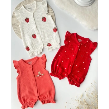 3lu Muslin Kız Bebek Tulum Set