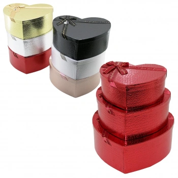 3PCS KALP PARLAK MİX RENKLİ - KABARTMA DESEN KARTON HEDİYE KUTUSU KURDELALI 31X28-27X24-23X20CM (4887)