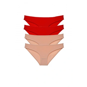 4 adet Eko Set Likralı Kadın Slip Külot Kırmızı Ten