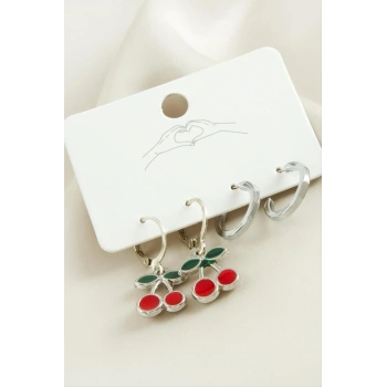 4 Adet Kiraz Mineli Halka Küpe