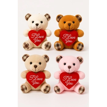 4 Adet Sevimli Mini Peluş Ayıcık - Kalpli I Love You Mesajlı 11x9 cm