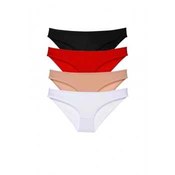 4 adet Süper Eko Set Likralı Kadın Slip Külot Siyah Kırmızı Ten Beyaz