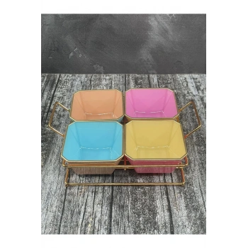 4 Bölmeli Gold Standlı Cam Kahvaltılık Çerezlik Sunumluk Renkli