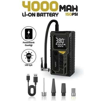 4000mah Hava Kompresörü Powerbank Özellikli Kompresör Araba Bisiklet Top Lastik Şişirme Pompası