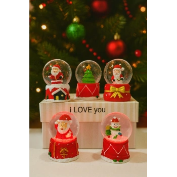 5 Adet LED Işıklı Mini Kar Küresi 6,5 cm – Yılbaşı Noel Yeni Yıl Hediyesi & Dekoratif Hediyelik