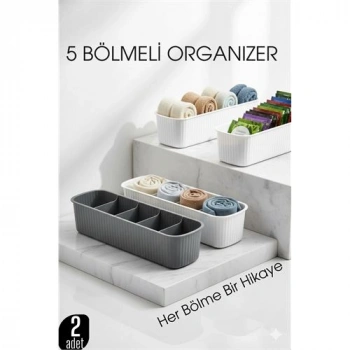5 Bölmeli Dolap ve Çekmece İçi 2’li Set Organizer Kutusu (Gri & Beyaz)