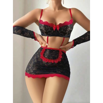 5 parça Kırmızı Siyah Dantel Çiçek Desen Hizmetçi Model Özel Fantazi Tanga Hediyeli 3815