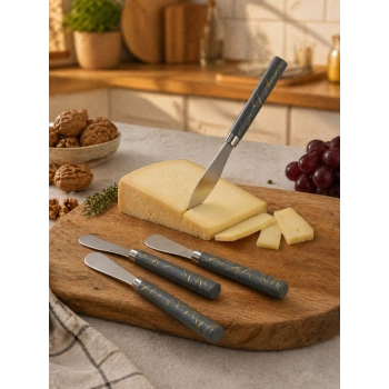 5 PARÇA  UZUN KAHVALTI BIÇAK - GRİ MERMER DESEN SAPLI 16.5 cm (4887)