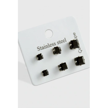 6 Adet Kare Zirkon Tek Taşlı Çelik Küpe