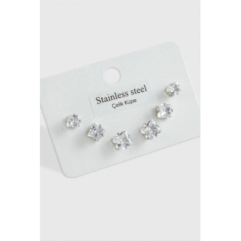 6 Adet Kare Zirkon Tek Taşlı Çelik Küpe ( Küçük Kare )