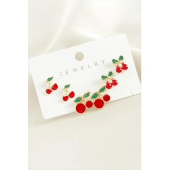 6 Adet Kiraz Mineli Metal Küpe