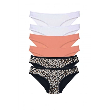 6 Adet Likralı Kadın Slip Külot Leopar Beyaz Pudra