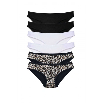 6 Adet Likralı Kadın Slip Külot Leopar Siyah Beyaz