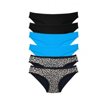 6 Adet Likralı Kadın Slip Külot Leopar Siyah Mavi