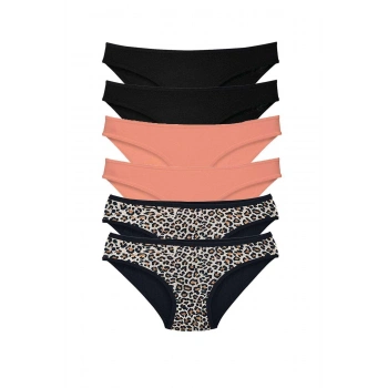 6 Adet Likralı Kadın Slip Külot Leopar Siyah Pudra