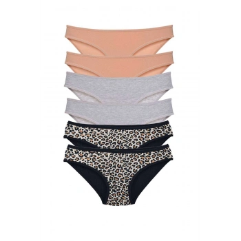 6 Adet Likralı Kadın Slip Külot Leopar Ten Gri