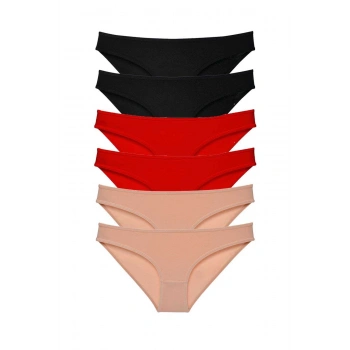 6 adet Süper Eko Set Likralı Kadın Slip Külot Siyah Kırmızı Ten