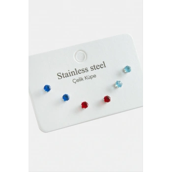 6 Adet Yuvarlak Zirkon Tek Taşlı Çelik Küpe