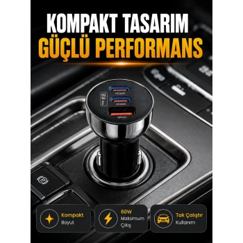 60W Araç İçi Hızlı Şarj Adaptörü Çift USB-C PD ve USB-A QC3.0