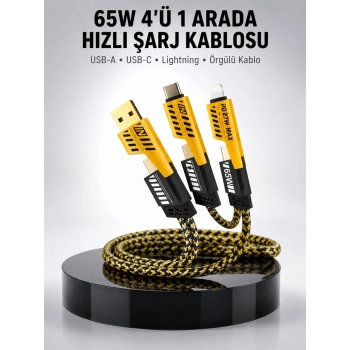 65w 4ü 1 Arada Çoklu Şarj Kablosu – Usb-c, Usb-a, Lightning, Veri Ve Şarj Desteği Yeni Nesil