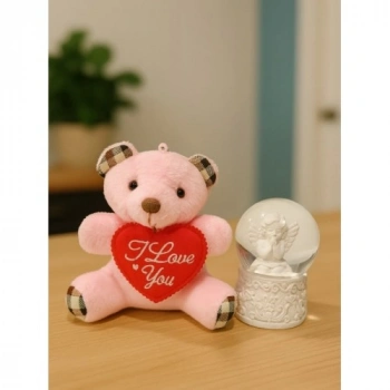 Sevimli Mini Peluş Ayıcık ve Mini Melek Kar Küresi Set Pembe