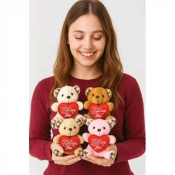 4 Adet Sevimli Mini Peluş Ayıcık - Kalpli I Love You Mesajlı 11x9 cm