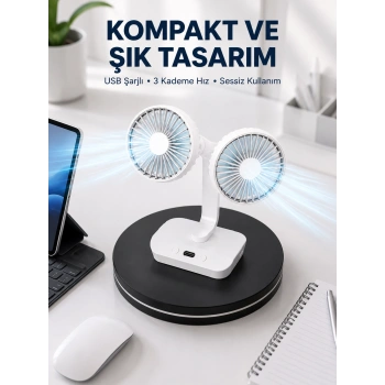 720° Döner Çift Taraflı Masaüstü Vantilatör – USB Şarjlı Sessiz Fan
