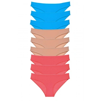 9 adet Süper Eko Set Likralı Kadın Slip Külot Fuşya Ten Mavi