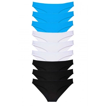 9 adet Süper Eko Set Likralı Kadın Slip Külot Siyah Beyaz Mavi