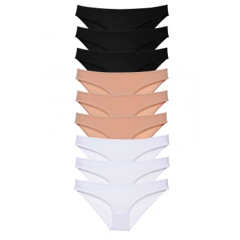 9 adet Süper Eko Set Likralı Kadın Slip Külot Siyah Ten Beyaz