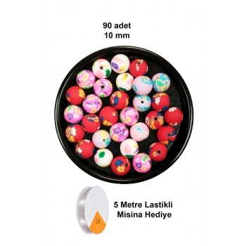 90 Adet 10 mm Polimer Kil Fimo Boncuk Takı Bileklik + 5 Metre Lastikli Misina Hediye - Desenli Yuvarlak