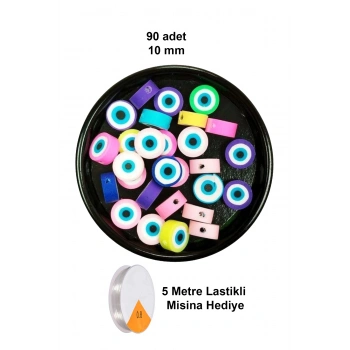90 Adet 10 mm Polimer Kil Fimo Boncuk Takı Bileklik + 5 Metre Lastikli Misina Hediye - Nazar Boncuğu