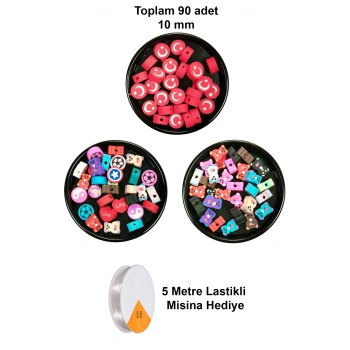 90 Adet 10 mm Polimer Kil Fimo Boncuk Takı Bileklik + 5 Metre Misina Hediye - Karışık - Bayrak - Ayıcık