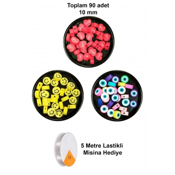 90 Adet 10 mm Polimer Kil Fimo Boncuk Takı Bileklik + 5 Metre Misina Hediye - Smile - Nazar - Love