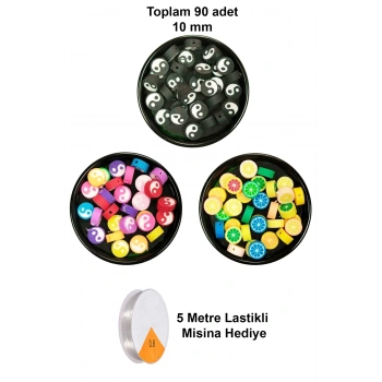 90 Adet 10 mm Polimer Kil Fimo Boncuk Takı Bileklik + 5 Metre Misina Hediye - Yin Yang - Yin Yang - Limon