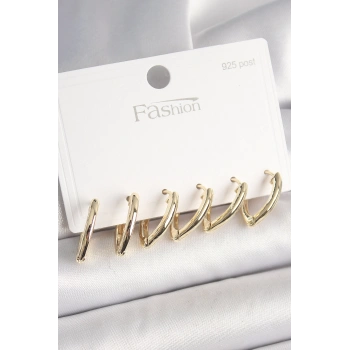 925 Ayar Gümüş Çivi Pirinç Gold Renk Üçgen Model Kadın Küpe Seti - TJ-BKP10415