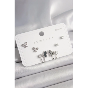 925 Ayar Gümüş Çivi Pirinç Gümüş Renk Zirkon Taşlı Kelebek Model Kadın Küpe Seti - TJ-BKP10404