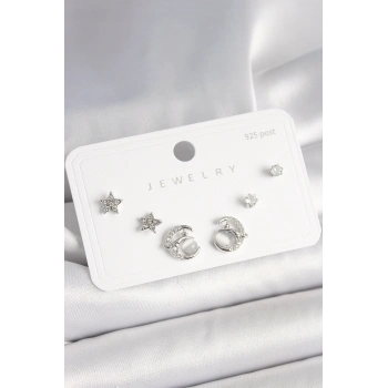 925 Ayar Gümüş Çivi Zirkon Taşlı Hilal Yıldız Model Kadın Küpe Seti - TJ-BKP10398