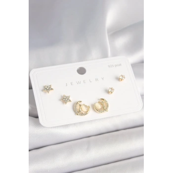 925 Ayar Gümüş Çivi Zirkon Taşlı Hilal Yıldız Model Kadın Küpe Seti - TJ-BKP10399