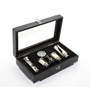 Ahşap Kutulu Pirinç Dürbün Pusula Ve Kum Saati Seti