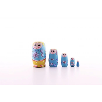 Ahşap Tombul İç İçe Matruşka Bebek Mavi 1 Set 5li Büyük Boy
