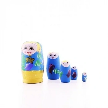 Ahşap Tombul İç İçe Matruşka Bebek Mavi Set 5li Büyük Boy