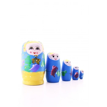 Ahşap Tombul İç İçe Matruşka Bebek Mavi Set 5li Büyük Boy