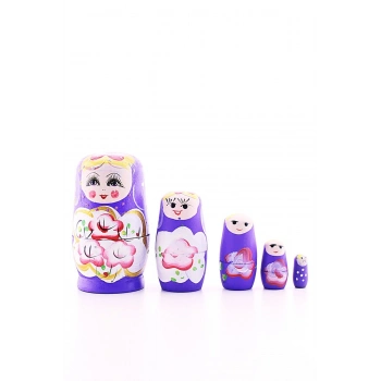 Ahşap Tombul İç İçe Matruşka Bebek Mor Set 5li Büyük Boy